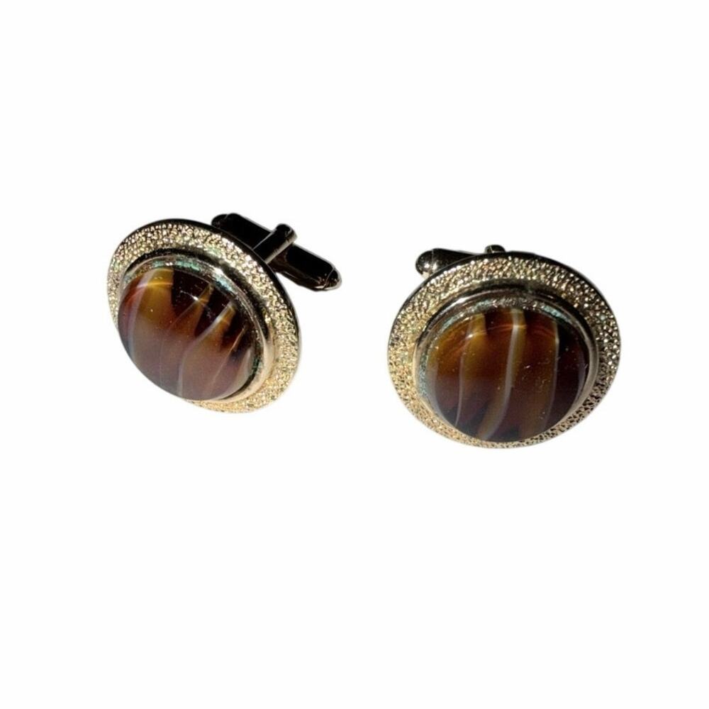 Vintage Amber Striped Glass Cabochon Cufflinks Gold Tone Mid Century Mod classy